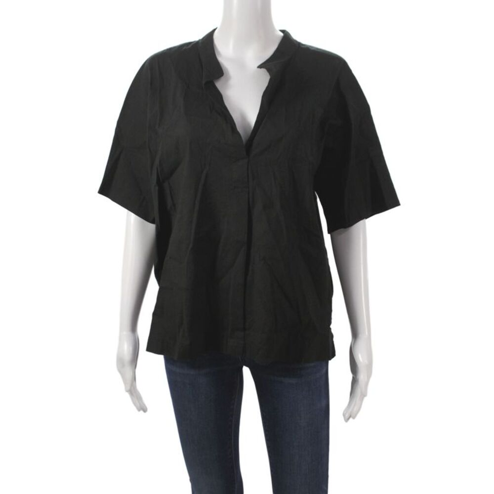 Vince Womens Basic Black V-Neck Short Sleeve Linen Blouse Size M